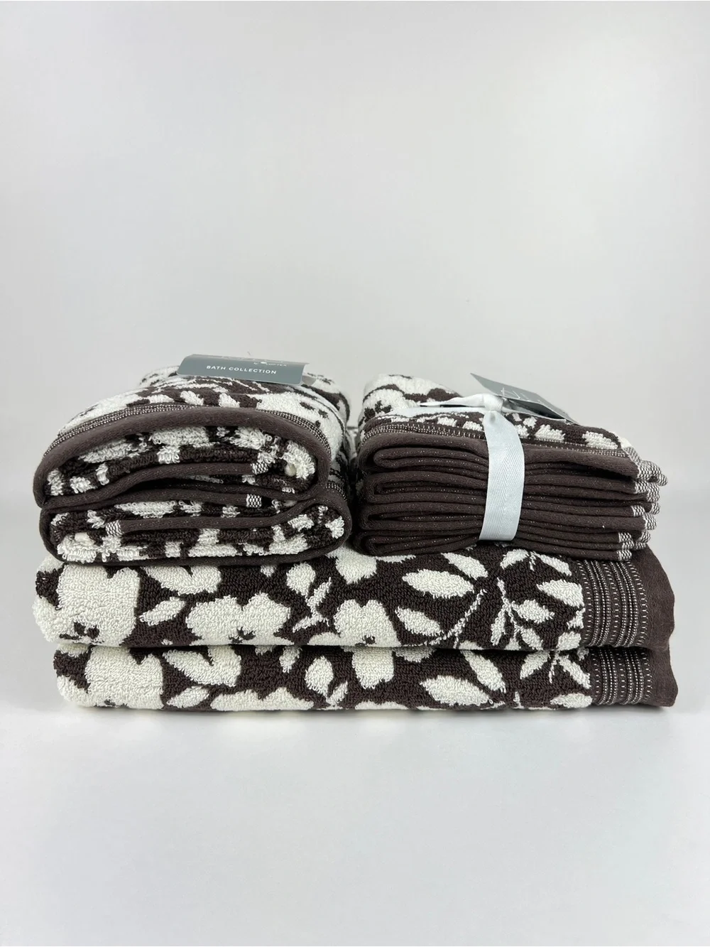 Loft by Loftex Bath Towel Set Bold Floral Brown Cream Soft 100% Cotton 8 Pc NEW